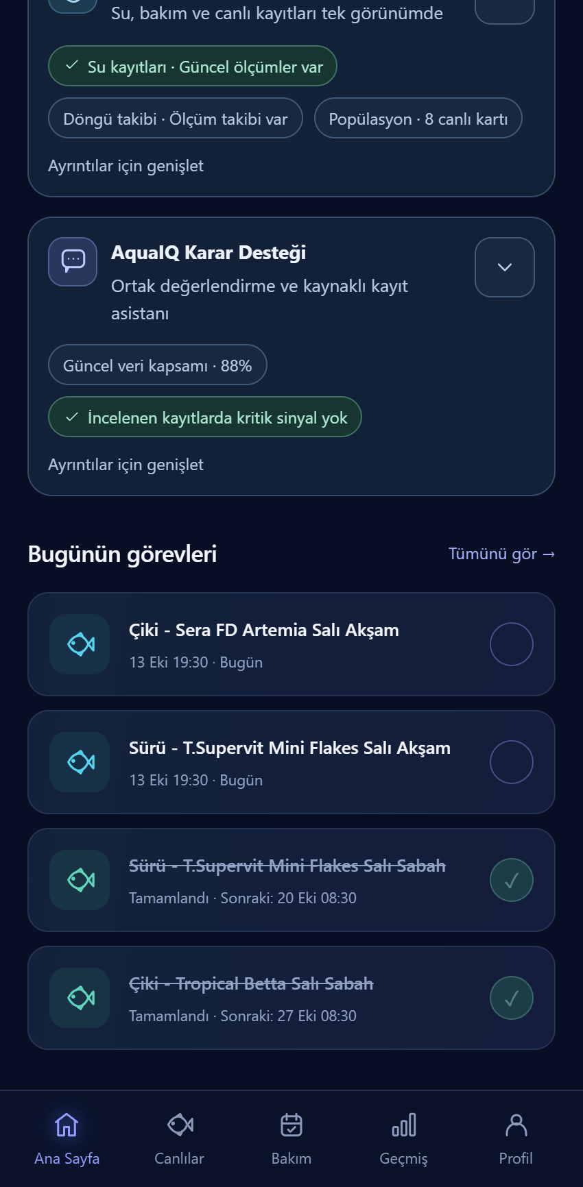 Gerçek AquaIQ arayüzünden karar desteği ve bugünün yemleme görevleri kesiti